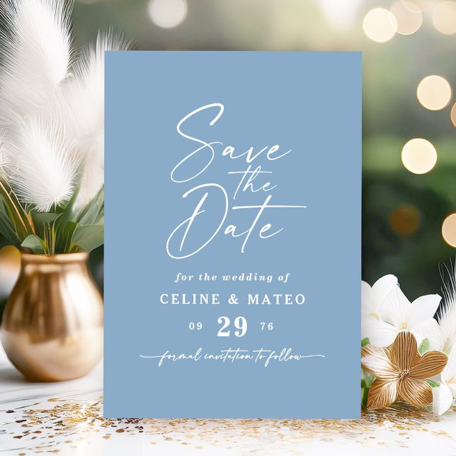 Reserve A Data Celine • Simple Sólido Estelar Azul Céu Casamento (Set the tone for your wedding with the Celine Save the Date in a soft Stellar Sky Blue.)