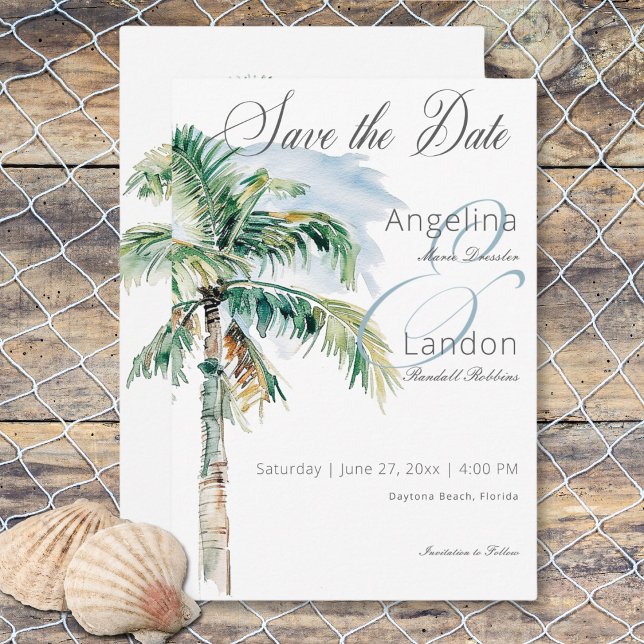 Reserve A Data Cena de Palmas e Praia Modernas de Aquarela (Watercolor Modern Palms & Beach Scene Wedding Save the Date Card)