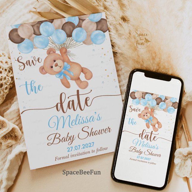 Reserve A Data Chá de Bebê do Ursinho Malhado Mal podemos esperar (Teddy Bear Baby Shower Save the Date, We Can Barely Wait Save the Date, Baby Shower Announcement Car)