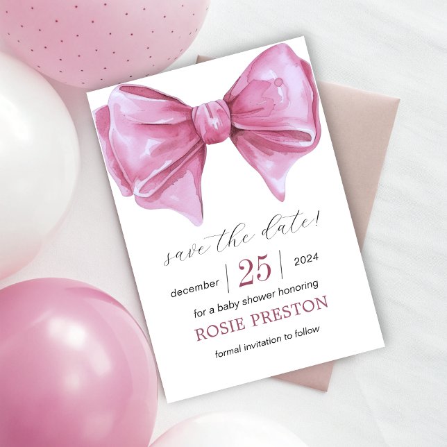 Reserve A Data Chá de fraldas de Aquarela Rosa Girassol (Girly Pink Watercolor Bow Baby Shower Save The Date!)