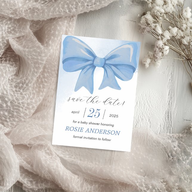 Reserve A Data Chá de fraldas de Arco de Aquarela Azul (Blue Watercolor Bow Baby Shower Save The Date)