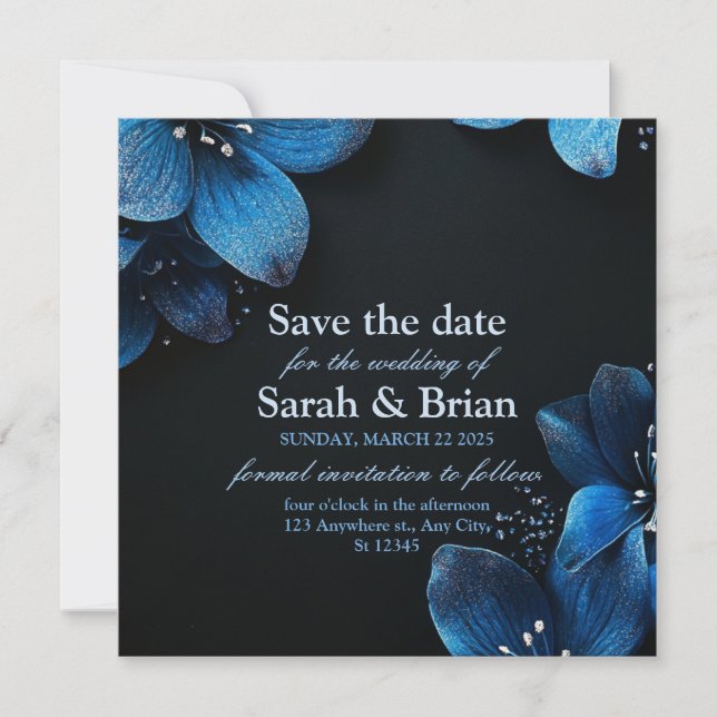 Reserve A Data Chamada de casamento escura Flores azuis brilhante (Frente)
