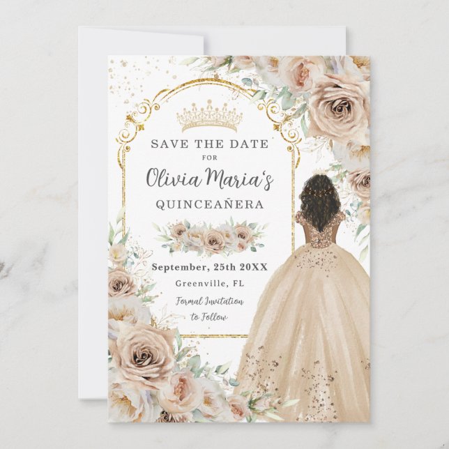 Reserve A Data Champagne Beige Cream Floral Princesa Quinceañera (Frente)