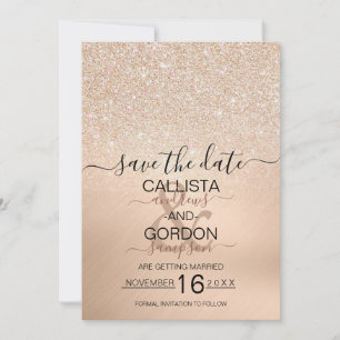 Reserve A Data Champagne Chic Dourado Glitter Metalizado Casament