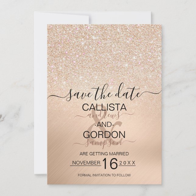 Reserve A Data Champagne Chic Glitter Dourado Metálico Casamento (Frente)