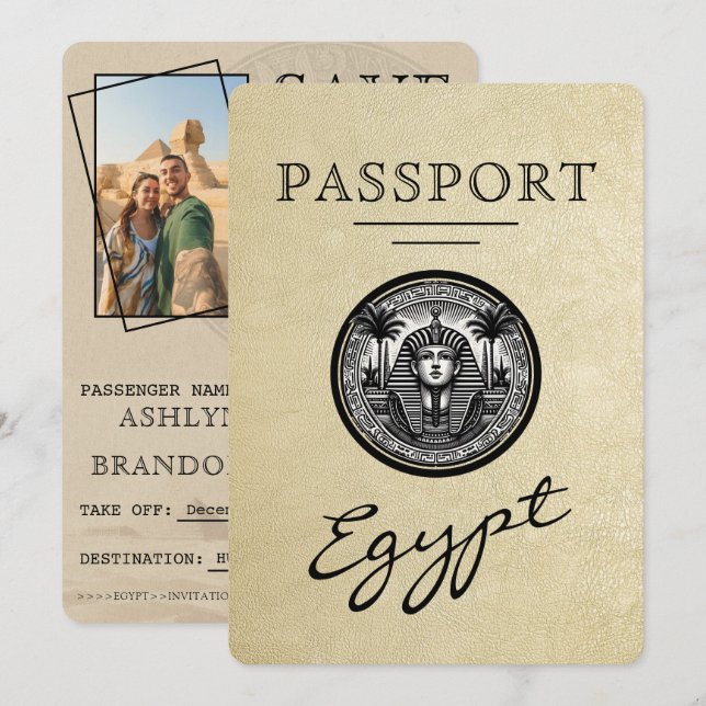 Reserve A Data Champagne Egypt Passport Wedding Save the Date (Frente/Verso)