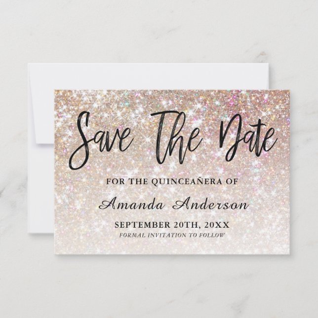 Reserve A Data Champagne Glitter Brush Script Quinceanera (Frente)