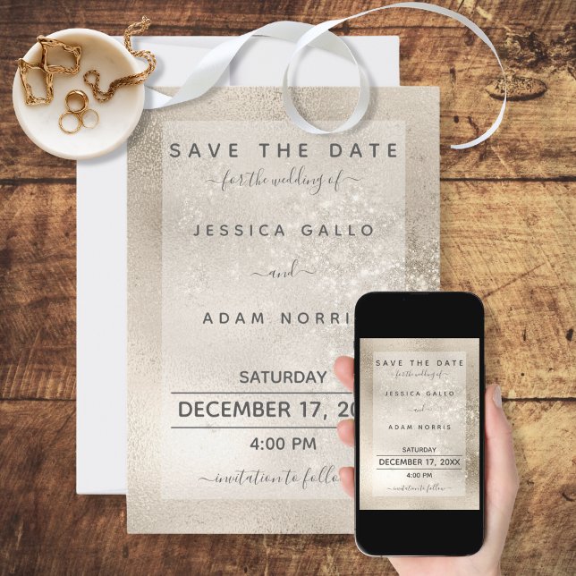 Reserve A Data Champagne Gold Glitter Modern Save the Date Card (Criador carregado)