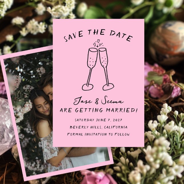 Reserve A Data Champanhe Anima Foto Personalizada Desenhada (Champagne Cheers Hand Drawn Custom PHOTO Save The Date
)
