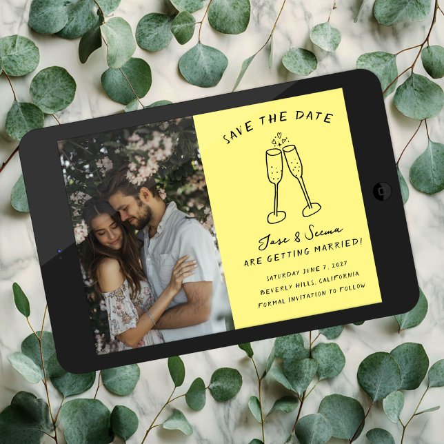 Reserve A Data Champanhe Anima Foto Personalizada Desenhada (Champagne Cheers Hand Drawn Custom PHOTO Save The Date Digital Download email
)