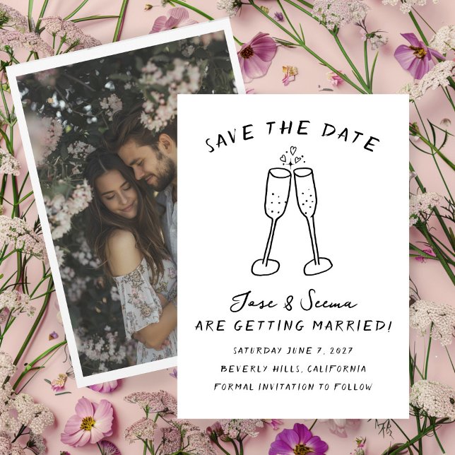 Reserve A Data Champanhe Anima Foto Personalizada Desenhada (Champagne Cheers Hand Drawn Custom PHOTO Save The Date Card 
)