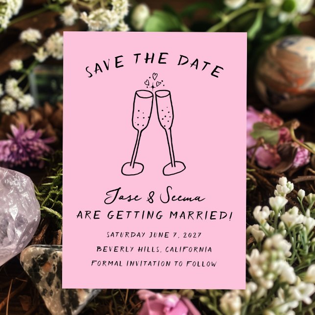 Reserve A Data Champanhe Anima Mão Desenhada Personalizada (Champagne Cheers Hand Drawn Cute Custom Save The Date
)