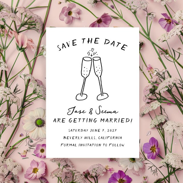 Reserve A Data Champanhe Anima Mão Desenhada Personalizada (Champagne Cheers Hand Drawn Cute Custom Save The Date Card Digital Download)