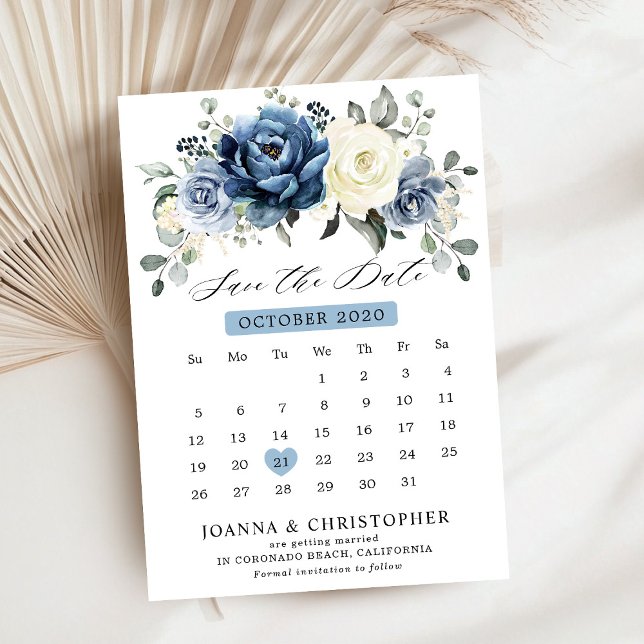 Reserve A Data Champanhe de Marinho Azul de marfim Calendário flo (Dusty Blue Navy Champagne Ivory Floral calendar Save The Date card)