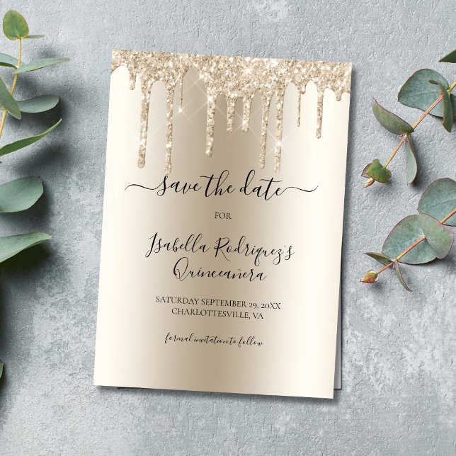 Reserve A Data Champanhe Derrubando Glitter Quinceañera (Champagne Dripping Glitter Glitter Drips Elegant Formal Quinceañera Quince Save The Date Invitation)