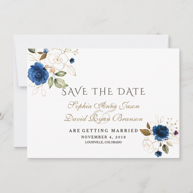 Reserve A Data Charm Blue Gold Floral Casamento Salve A Data (Frente)