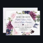 Reserve A Data Charm Lilás Roxo Floral Florescer Salvar A Data<br><div class="desc">Desenho de cartão encantador com belos buquês/ grinaldas de flores de lavanda aquarela e azul-marinho,  divisor floral,  belo script de escrita à mão,  um hexágono semi-transparente e fontes especiais. Use a ferramenta Personalizar para adicionar suas informações e fazer alterações. Para itens correspondentes,  visite minha Coleção Floral Lilás Azul-Marinho.</div>