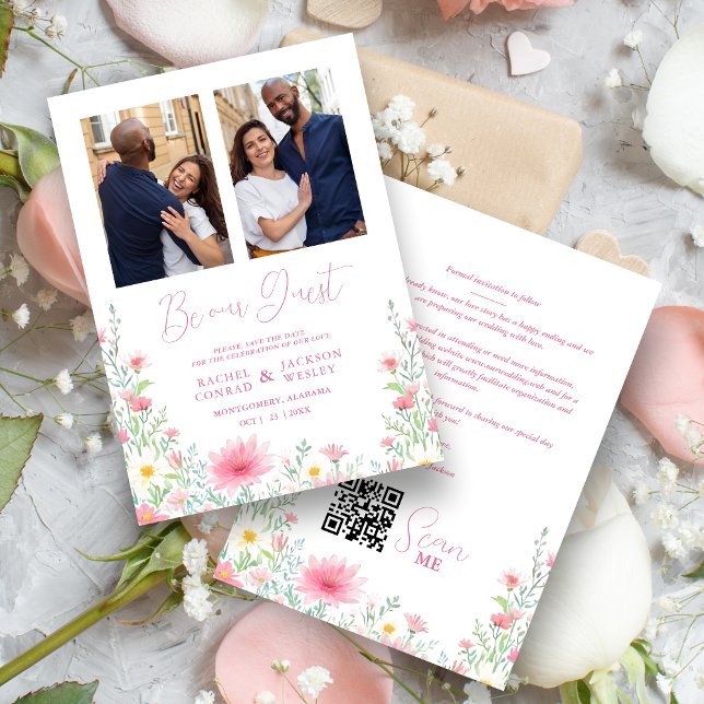 Reserve A Data Charming Delicate Pink Shades Wildflowers 2 Photos (Charming Delicate Pink Shades Wildflowers 2 Photos Collage Wedding Save the Date Card with Envelope.)