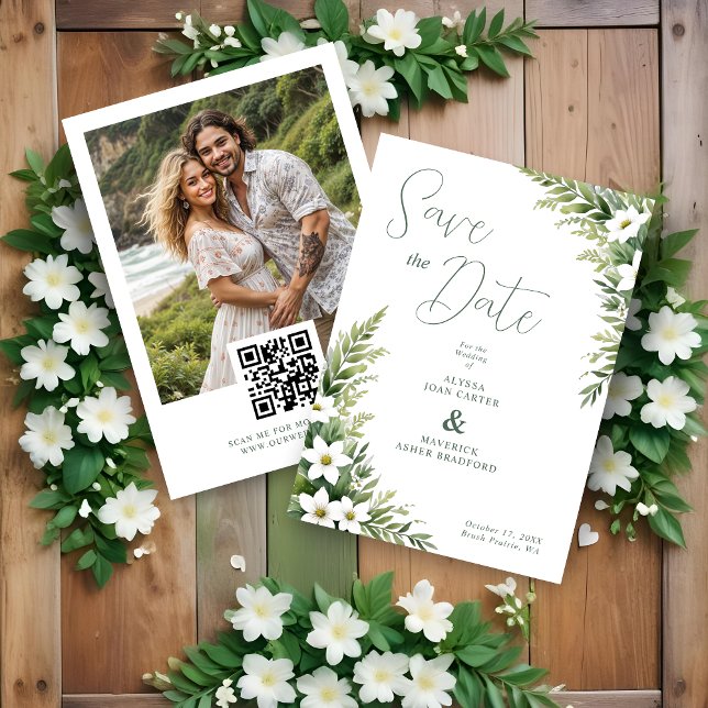 Reserve A Data Charming Exuberant Green Foliage Garland Wedding (Charming Exuberant Green Foliage Leaves Garland Wedding Save the Dates Cards with Photo and QR Code.)
