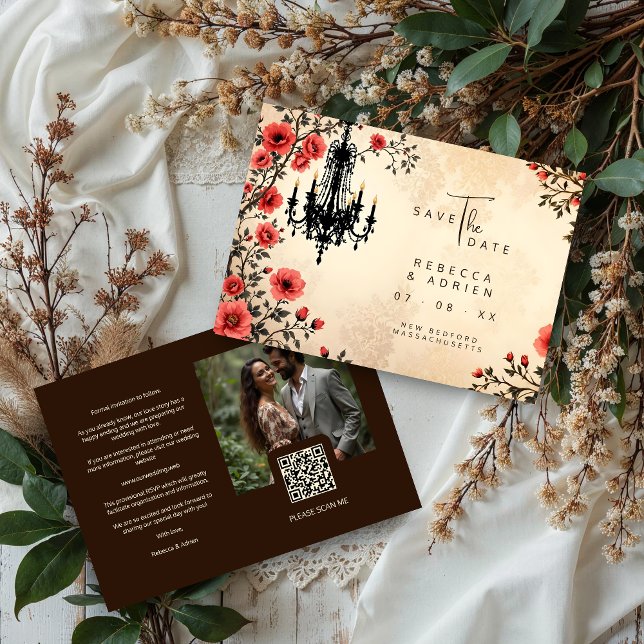 Reserve A Data Charming Romantic Chandelier on Classic Red Floral (Charming Romantic Chandelier on Classic Red Floral Border Wedding Save the Date Cards Back Photo QR)