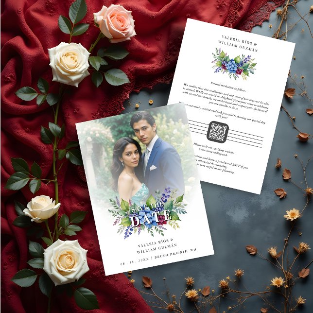 Reserve A Data Charming Romantic Floral & Transparency Overlay (Charming Romantic Floral & Transparency Overlay Wedding Save the Date Cards with Photo and QR Code.)