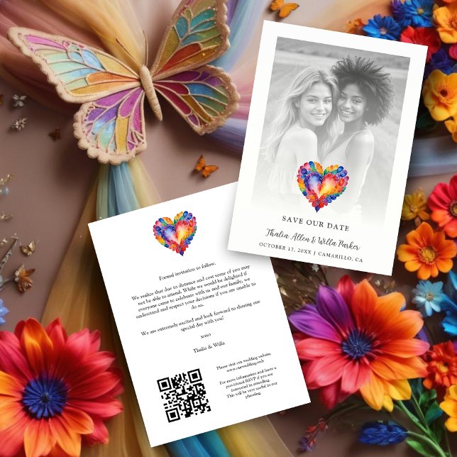 Reserve A Data Cherish Modern Pride Rainbow Heart Photo Wedding (Cherish Modern Pride Rainbow Colors Heart Photo Wedding with Transparency Save the Dates Cards.)