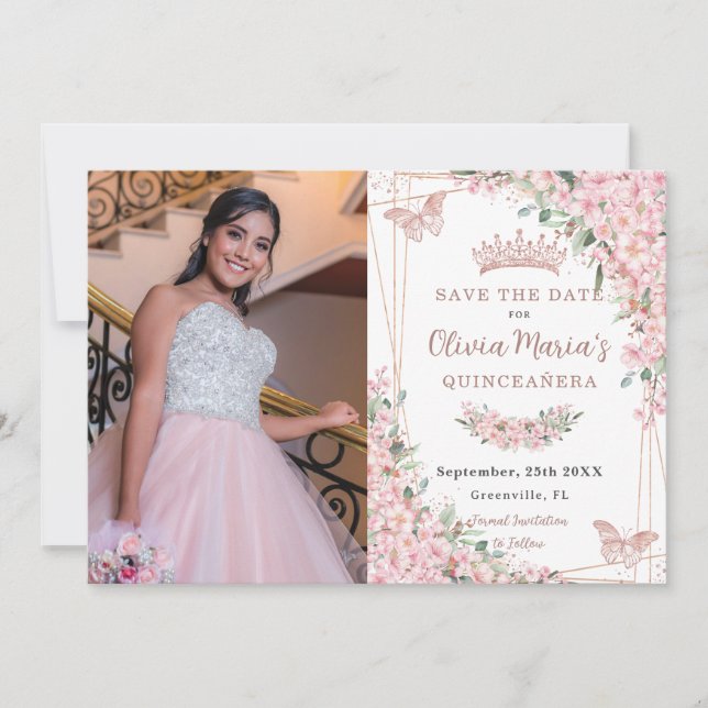 Reserve A Data Cherry Blossomo Rosa Butterflies Quinceañera (Frente)