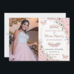 Reserve A Data Cherry Blossomo Rosa Butterflies Quinceañera<br><div class="desc">Personalize essa flor de cereja bonito Quinceañera / Foto de 16 anos doce salve a data fácil e rapidamente. Basta clicar no botão personalizar para editar os textos, alterar as fontes e as cores das fontes. Apresentando lindas cerejas aquáticas floresce flores, borboletas de ouro rosa e um quadro geométrico de...</div>