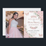 Reserve A Data Cherry Blossomo Rosa Butterflies Quinceañera<br><div class="desc">Personalize essa flor de cereja bonito Quinceañera / Foto de 16 anos doce salve a data fácil e rapidamente. Basta clicar no botão personalizar para editar os textos, alterar as fontes e as cores das fontes. Apresentando lindas cerejas aquáticas floresce flores, borboletas de ouro rosa e um quadro geométrico de...</div>