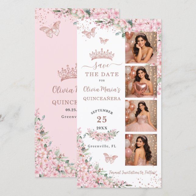 Reserve A Data Cherry Blossoms Rose Gold Photo Booth Quinceanera (Frente/Verso)