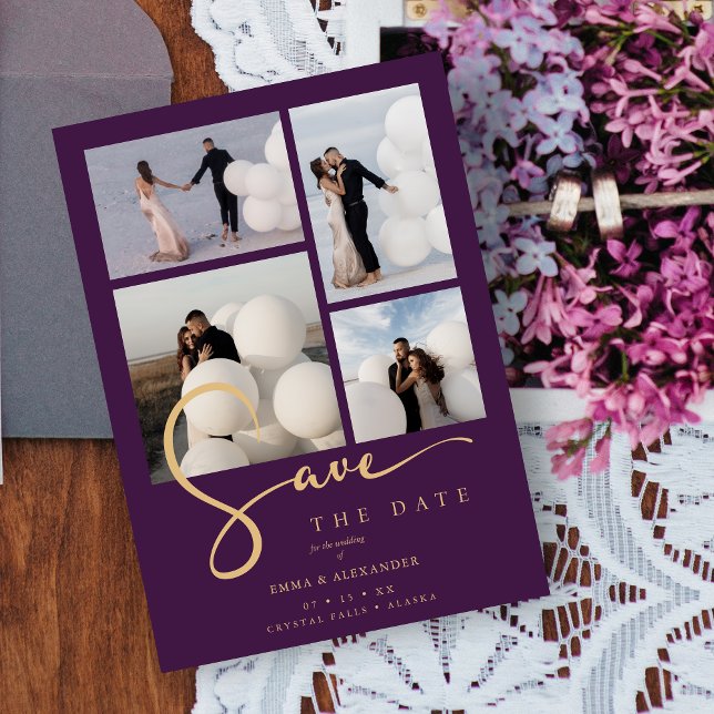 Reserve A Data Chic 4 Multi Photos Collage Wedding Purple & Gold  (Chic 4 Multi Photos Collage Wedding Purple & Gold Save The Date Card.)