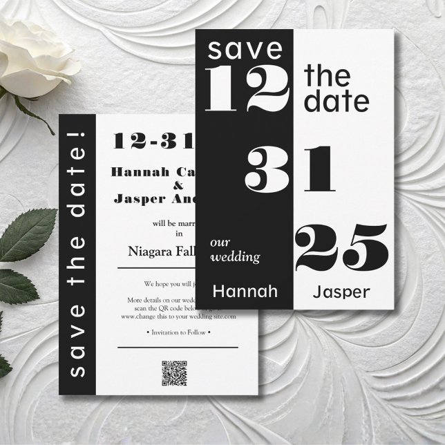 Reserve A Data Chic Black & White New Year's Eve Wedding  (Bold and Modern Chic Save the Date for a New Year's Eve Wedding)