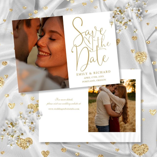 Reserve A Data Chic Casamento Dourado 2 Foto Elegante Script (Chic Gold Wedding 2 Photo Elegant Script Save The Date)