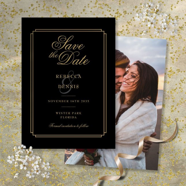Reserve A Data Chic Casamento Foto Arte Deco Preto e Dourado (Chic Black and Gold Script Art Deco Photo Wedding Save The Date)