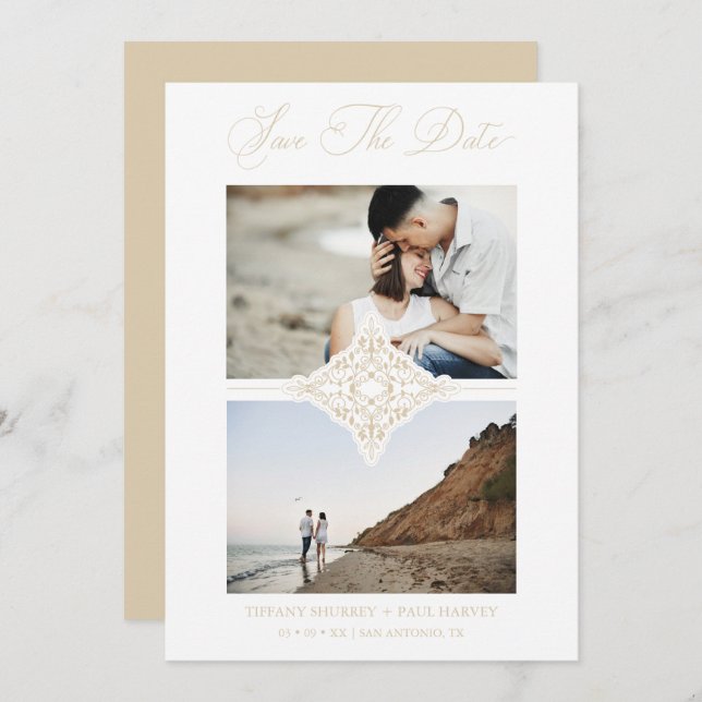 Reserve A Data Chic Gold 2 Photos Ornament Sophisticated Wedding (Frente/Verso)