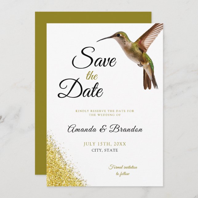 Reserve A Data Chic Green Hummingbird e Dourado Casamento de Poei (Frente/Verso)