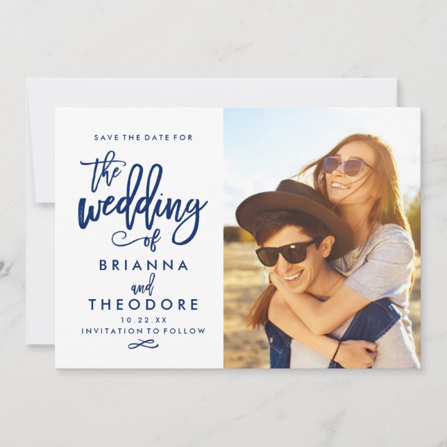 Reserve A Data Chic Hand Lettered Save The Date Photo Marinho (Frente)