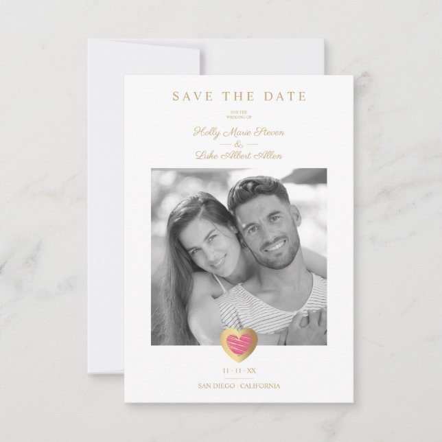 Reserve A Data Chic Hot Pink & Gold Heart Photo Couple Wedding (Frente)