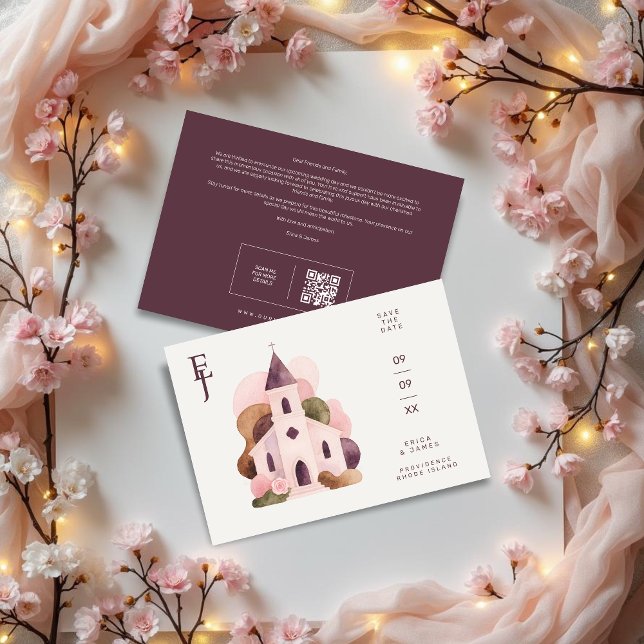 Reserve A Data Chic Lovely Rustic Pink Tones Church Wedding (Chic Lovely Rustic Pink Tones Church Illustration Wedding Save the Date with Initials and Back QR.)