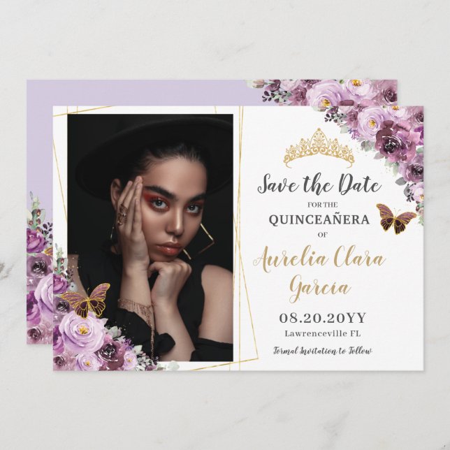 Reserve A Data Chic Mauve Plum Purple Floral Quinceañera Foto (Frente/Verso)