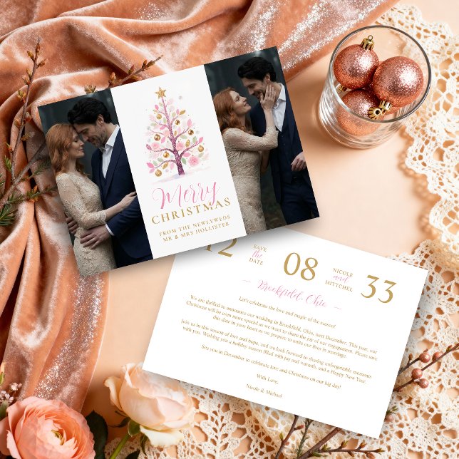 Reserve A Data Chic Modern Wedding Pink Christmas Tree 2-Photos (Chic Modern Wedding Pink Christmas Tree 2-Photos in Faux Gold Holiday Cards Save the Date Cards. )