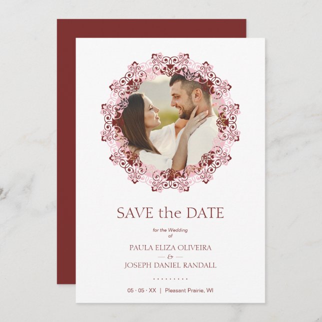 Reserve A Data Chic Pink & Red Flourish Lace Effect Photo Couple (Frente/Verso)