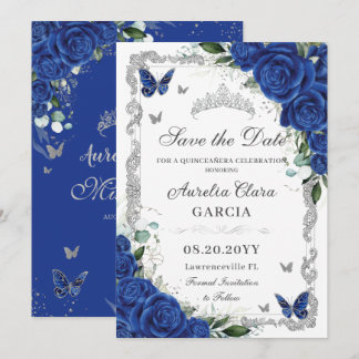 Reserve A Data Chic Quinceañera Royal Blue Floral Vintage Silver