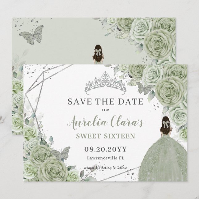 Reserve A Data Chic Sage Green Floral Quinceanera Sweet Dezesseis (Frente/Verso)