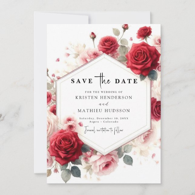 Reserve A Data Chic Watercolor Flowers Crimson Red Wedding (Frente)