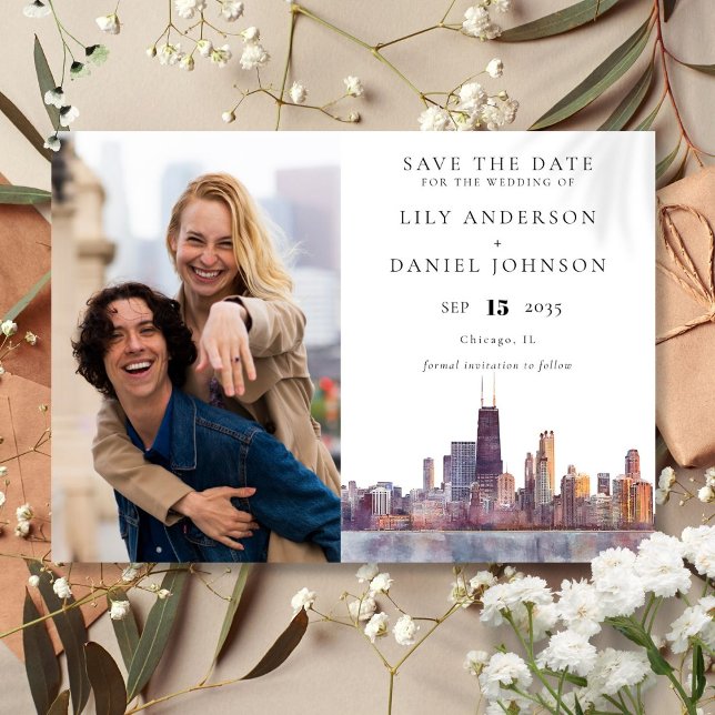 Reserve A Data Chicago Skyline Watercolor Photo Wedding (Chicago Skyline Watercolor Photo Wedding Save The Date)