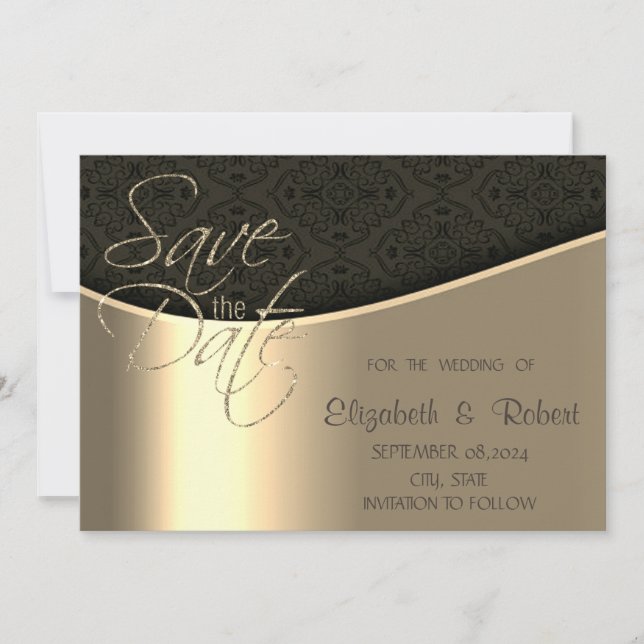 Reserve A Data Chique Elegante Preto Damasco Dourado Salvar a Dat (Frente)