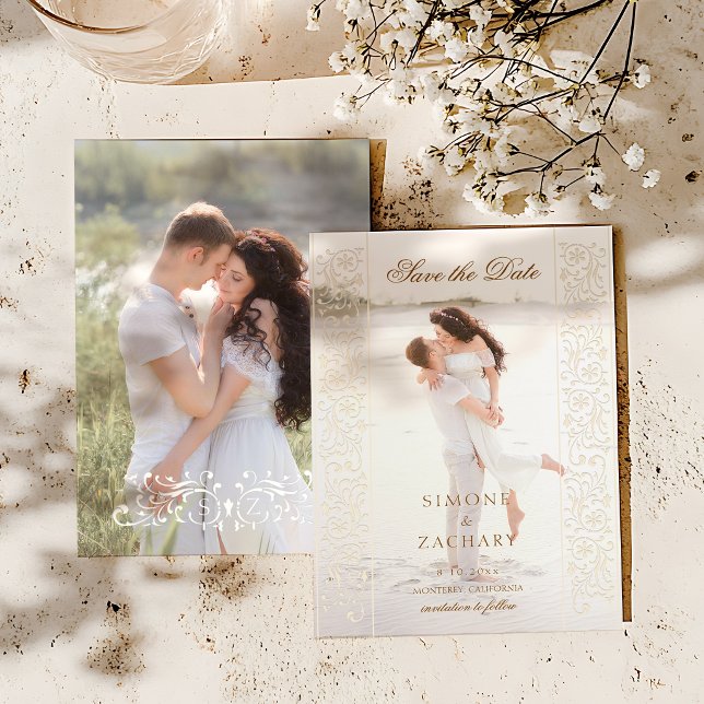 Reserve A Data Chique Foto de Casamento com Caligrafia em Ecru pa (Criador carregado)
