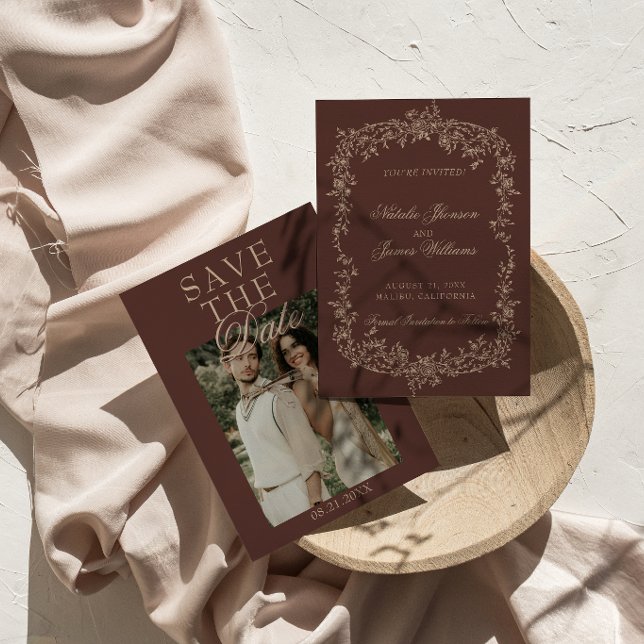 Reserve A Data Chocolate Marrom Bege Floral Foto Casamento Fancy (Criador carregado)