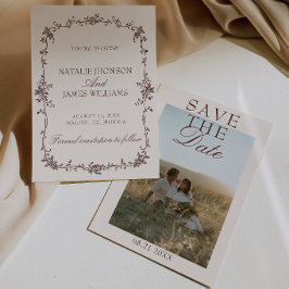 Reserve A Data Chocolate Marrom Floral Foto Retro Casamento Fancy